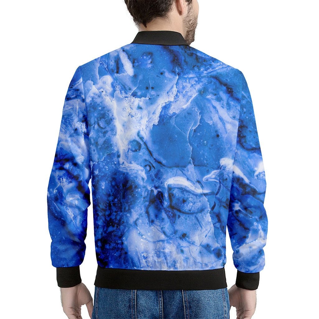 Blue Sapphire Marble Print Men's Bomber Jacket - Premium Polyester Blend