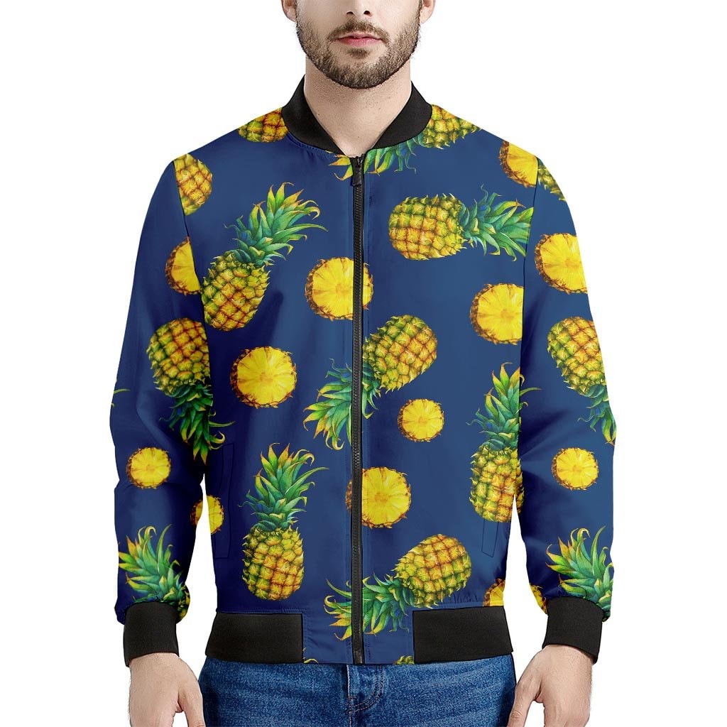 Blue Pineapple Pattern Print Men's Bomber Jacket